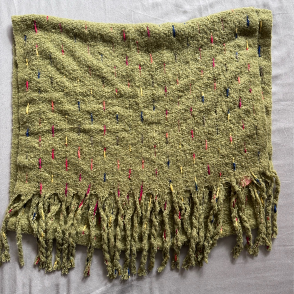 Powder UK Olive Green Fringed Scarf with Multicolor Details